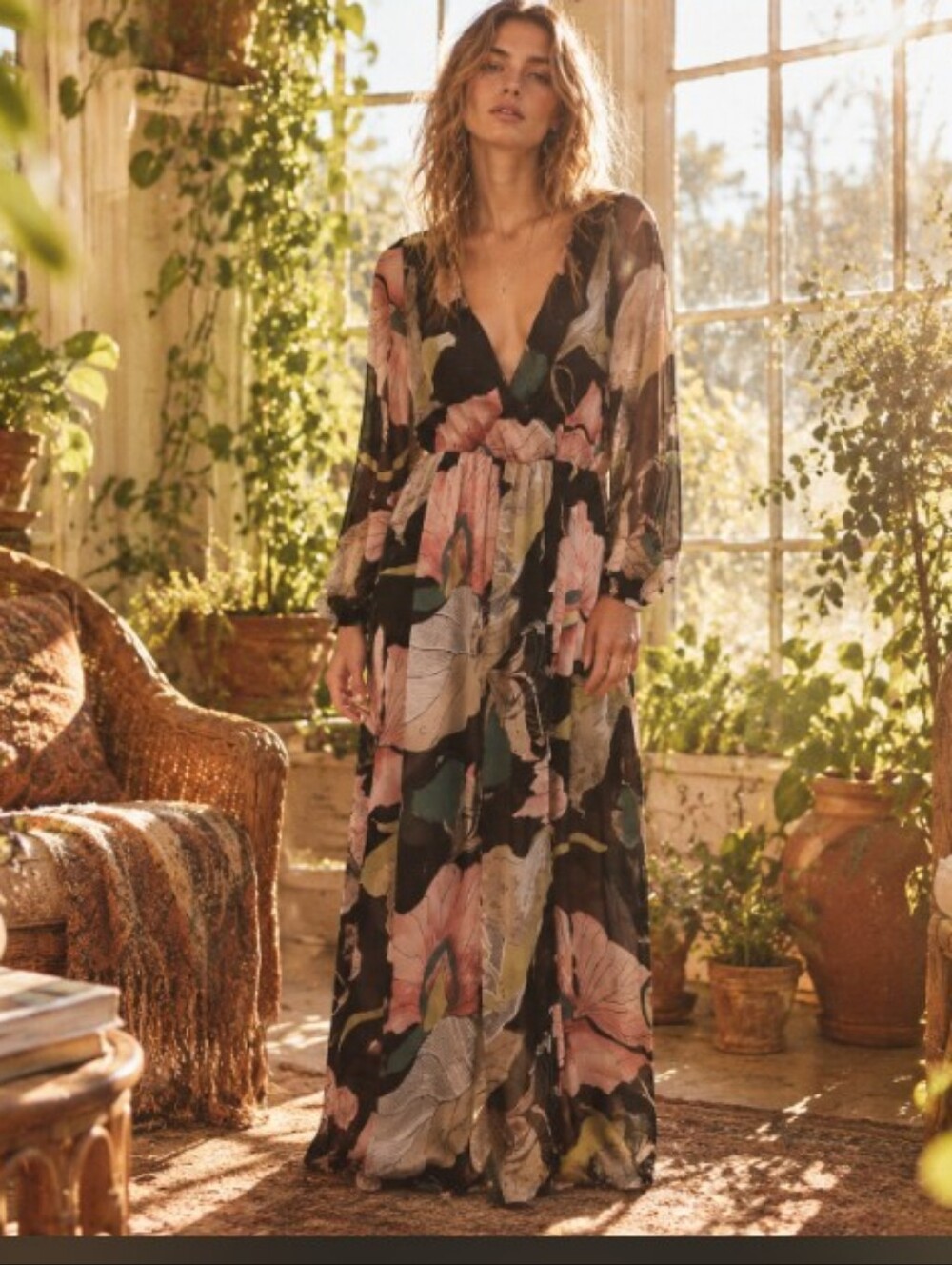 Deep V-Neck Floral Maxi Dress in Black and Pink